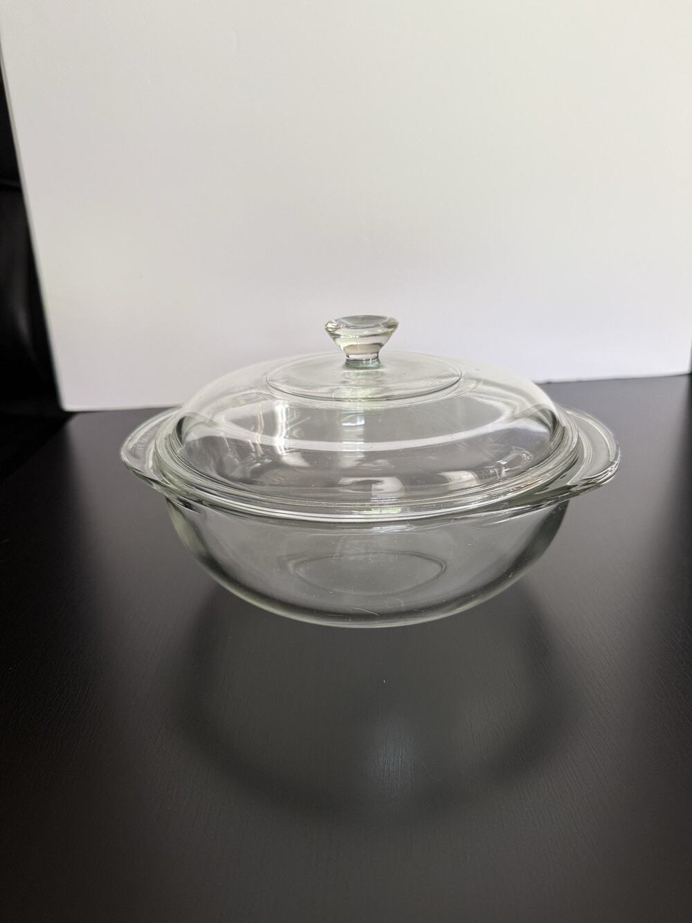 Vintage PYREX #023 1-1/2 Qt Clear Glass Round Casserole Dish w Handles & Lid